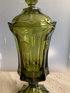 Source Unknown Olive Green Pressed Glass Lidded Pedestal Urn